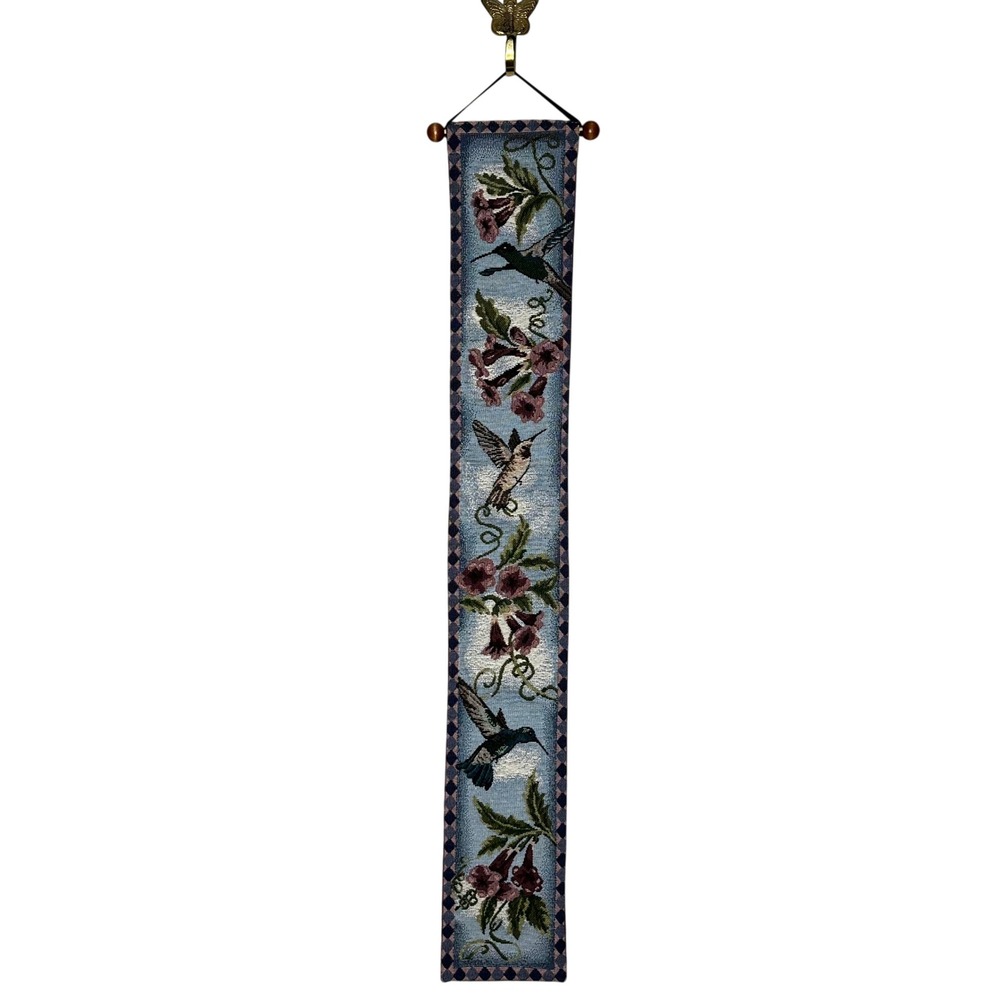 Vintage Hummingbird Floral Woven Bell Pull Tapestry Wall Hanging 36 Inch Blue